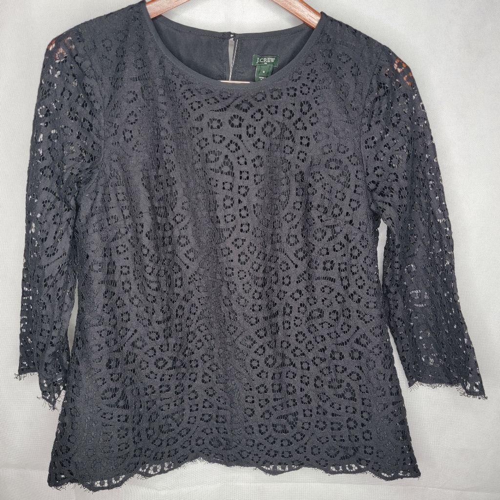 J. Crew Blouse Lined Black Lace Overlay Sheer 3/4 Sleeve Classy Elegant Size 6
